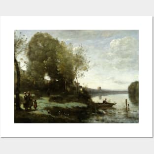 River with a Distant Tower by Jean-Baptiste-Camille Corot Posters and Art